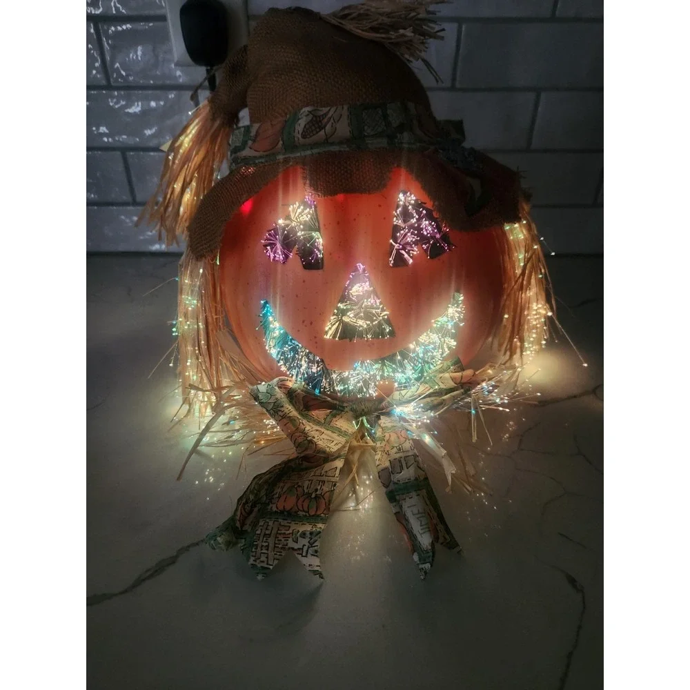 Vtg. Halloween Scarecrow Fall Pumpkin Fiber Optic Color Changing Jack O Lantern